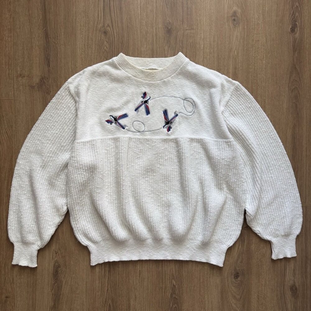 Vintage 70s Winona Knits Airplane Sweater Womens L White USA Aviation Airplanes